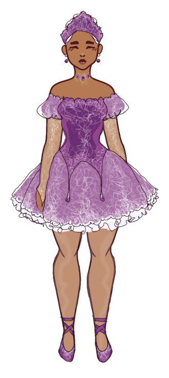 digital sketch of costume for the sugarplum fairy: purple velvet bodice and kokoshnik, purple puff sleeves and medium-short fluffy tutu with sheer white overlay, sheer white long sleeves, opaque white frilly petticoat, purple satin pointe shoes, all covered in white embroidery; plus sheer white tights, amethyst earrings and choker necklace, and white updo wig; on a model with medium brown skin